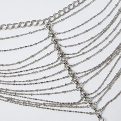 Silver tone layered chain drop necklace